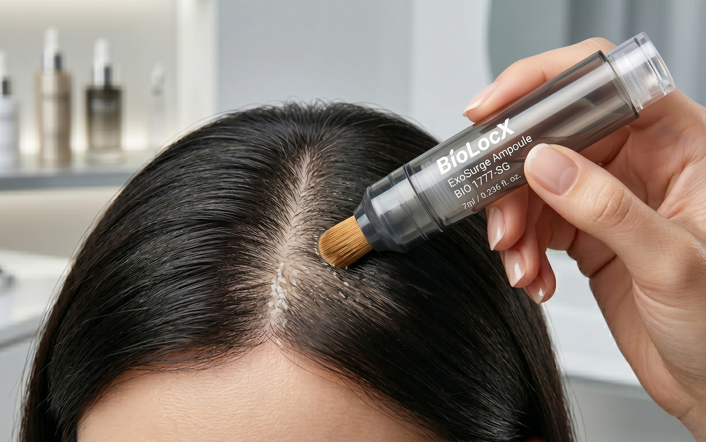 Applying ExoSurge ampoule directly to the scalp